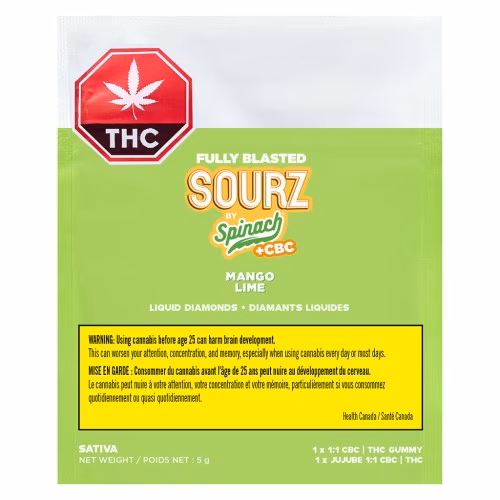 SOURZ by Spinach - Fully Blasted Mango Lime 1:1 CBC THC Gummy