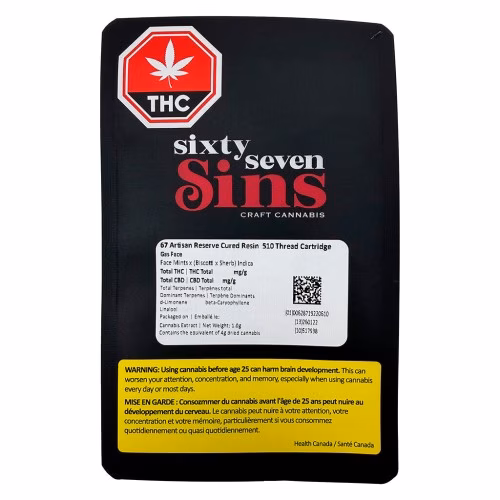 Sixty Seven Sins - 67 Artisan Reserve Cured Resin 510 Thread Cartridge (Gas Face Hybrid/ Indica)