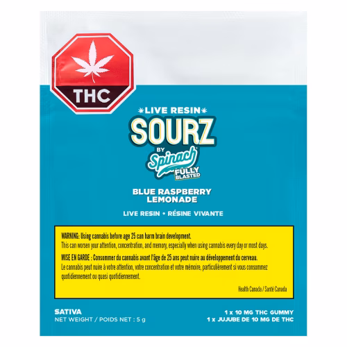 SOURZ by Spinach - Fully Blasted Blue Raspberry Lemonade Live Resin Sativa Gummies (Multi-pack of 10)