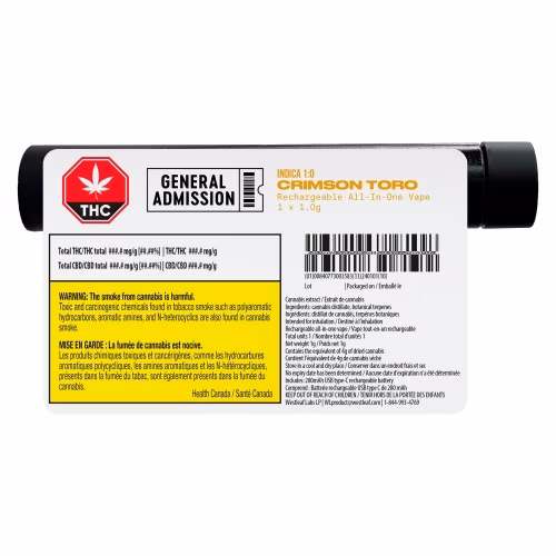 General Admission - Crimson Toro Indica (1:0) Reachargeable All-In-One Vape