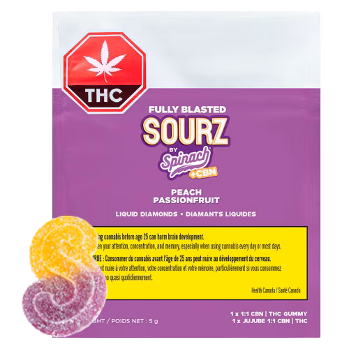 SOURZ by Spinach - Fully Blasted Peach Passionfruit 1:1 CBN THC Gummies (Multi-pack of 10)
