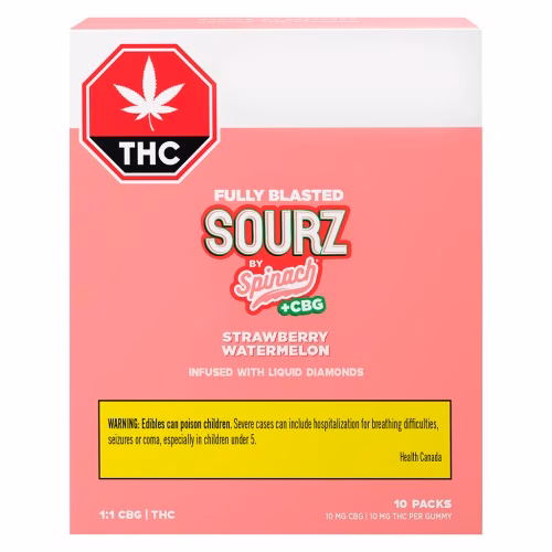 SOURZ by Spinach - Fully Blasted Strawberry Watermelon 1:1 CBG THC Gummies (Multi-pack of 10)