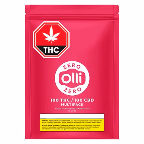 Olli Zero - 100 THC 100 CBD Multipack Raspberry Acai Soft Chews (Multi-pack of 10)