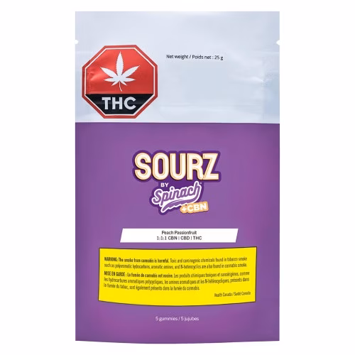 SOURZ by Spinach - Peach Passionfruit 1:1:1 Gummies (CBN:CBD:THC)
