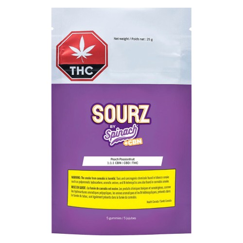 SOURZ by Spinach - Peach Passionfruit 1:1:1 Gummies (CBN:CBD:THC)