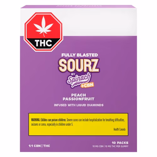 SOURZ by Spinach - Fully Blasted Peach Passionfruit 1:1 CBN THC Gummies (Multi-pack of 10)
