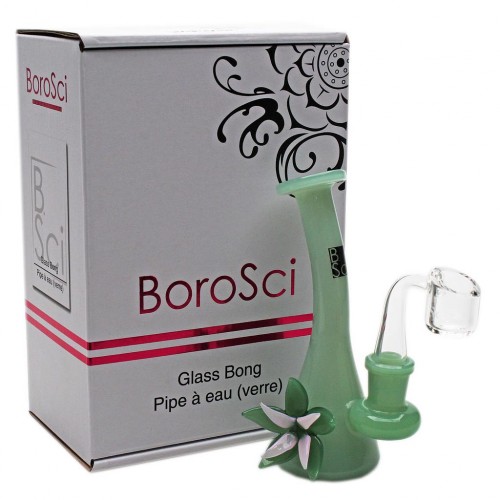 BOROSCI GLASS RIG 5.5" BENT NECK FLOWER MINI BEAKER WITH BANGER JADE GREEN