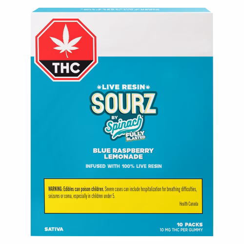 SOURZ by Spinach - Fully Blasted Blue Raspberry Lemonade Live Resin Sativa Gummies (Multi-pack of 10)