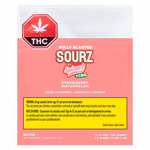 SOURZ by Spinach - Fully Blasted Strawberry Watermelon 1:1 CBG THC Gummies (Multi-pack of 10)