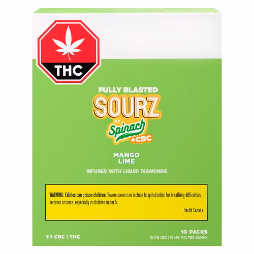 SOURZ by Spinach - Fully Blasted Mango Lime 1:1 CBC THC Gummies (Multi-pack of 10)