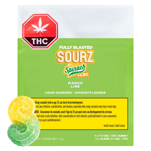 SOURZ by Spinach - Fully Blasted Mango Lime 1:1 CBC THC Gummies (Multi-pack of 10)
